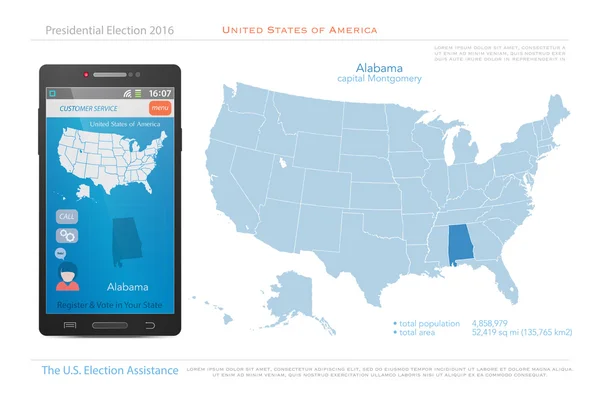 Соединенные Штаты Америки карты и территория штата Алабама. вектор политической карты США. Приложение для помощи на выборах в США — стоковый вектор