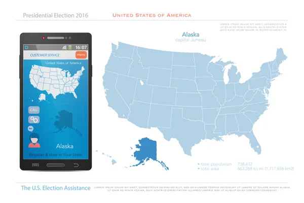Verenigde Staten van Amerika Maps en Alaska State Territory. vector Verenigde Staten politieke kaart. Amerikaanse verkiezings assistentie app voor smartphone — Stockvector