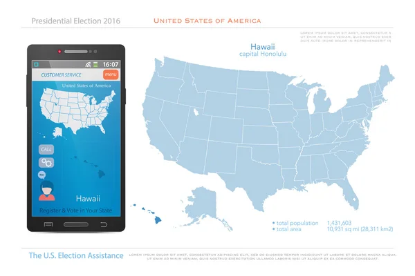 アメリカ合衆国マップとハワイ州領。ベクトルUsa政治地図。スマートフォン向け選挙支援アプリ。技術バナー — ストックベクタ