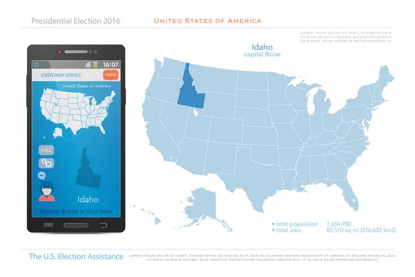 Amerika Birleşik Devletleri haritaları ve Idaho eyalet toprakları. vektör Abd siyasi haritası. Akıllı telefon için ABD seçim yardım uygulaması. teknoloji afiş — Stok Vektör
