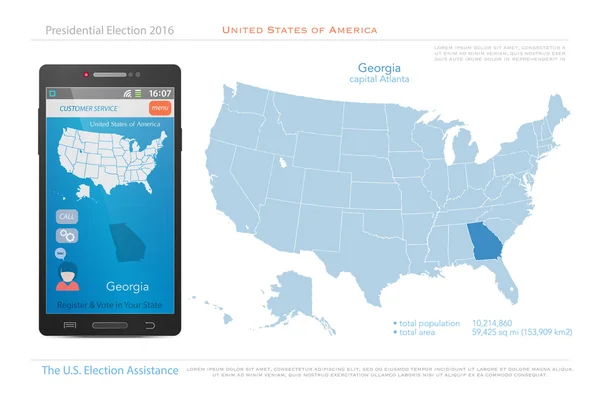 Соединенные Штаты Америки карты и территория штата Джорджия. вектор политической карты США. Американское приложение помощи на выборах для смартфона. технологический баннер — стоковый вектор