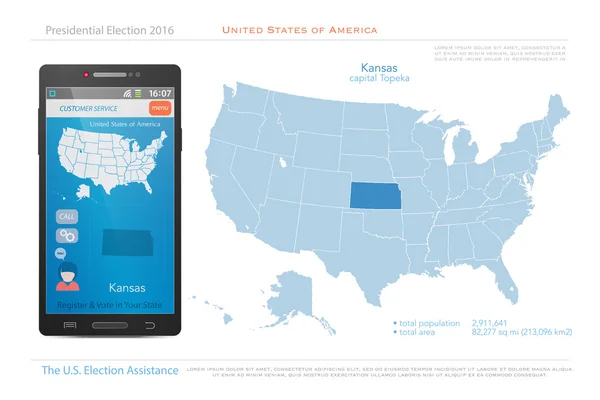 Estados Unidos da América mapas e território do estado do Kansas. vector Mapa político dos EUA. EUA aplicativo de assistência eleitoral para telefone inteligente. banner de tecnologia — Vetor de Stock