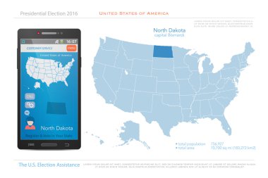 Amerika Birleşik Devletleri haritaları ve Kuzey Dakota eyalet toprakları. vektör Abd siyasi haritası. Akıllı telefon için ABD seçim yardım uygulaması. teknoloji afiş