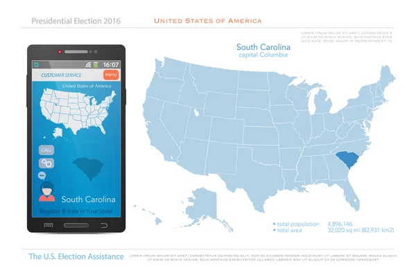 Соединенные Штаты Америки карты и территория штата Южная Каролина. вектор политической карты США. Американское приложение помощи на выборах для смартфона. технологический баннер — стоковый вектор