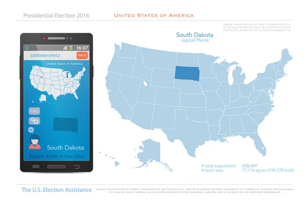 Stany Zjednoczone Ameryki mapy i Dakota Południowa terytorium państwa. wektor Mapa polityczna USA. Aplikacja pomocy wyborczej USA dla inteligentnego telefonu. baner technologiczny — Wektor stockowy