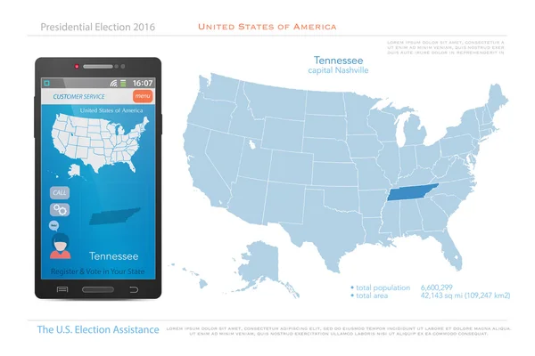Соединенные Штаты Америки карты и территория штата Теннесси. вектор политической карты США. Американское приложение помощи на выборах для смартфона. технологический баннер — стоковый вектор