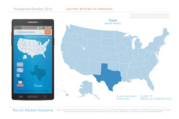 Stany Zjednoczone Ameryki mapy i Texas terytorium państwa. wektor Mapa polityczna USA. Aplikacja pomocy wyborczej USA dla inteligentnego telefonu. baner technologiczny — Wektor stockowy