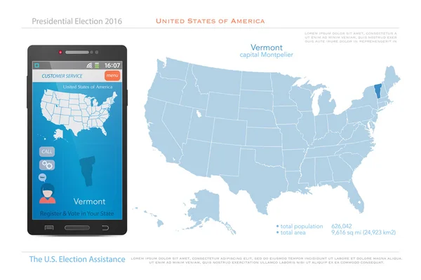 Χάρτες των Ηνωμένων Πολιτειών της Αμερικής και πολιτεία Βερμόντ. πολιτικό χάρτη των ΗΠΑ. Η εφαρμογή μας για την εκλογική βοήθεια για έξυπνο τηλέφωνο. Τεχνολογικό πανό — Διανυσματικό Αρχείο