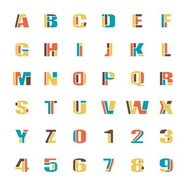 Mozaik stil Alfabe harf ve sayı. vektör yazı tipi türü tasarımı. Komik yazı bulmaca öğeleri. dizgi renkli, geometrik. çocuklar yazı şablonu