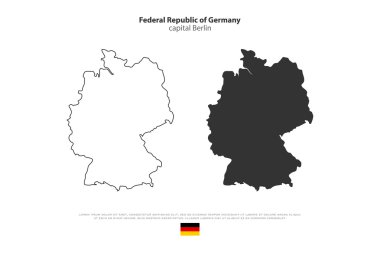 Federal Almanya Cumhuriyeti harita anahattı ve resmi bayrak simgesi beyaz arka plan üzerinde izole. vektör Alman siyasi haritalar illüstrasyon. Avrupa Devleti coğrafi afiş şablonu. Deutschland