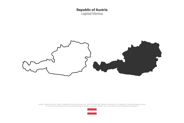 República de Austria mapa aislado e iconos oficiales de la bandera. vector mapa político austríaco delgada línea contorno ilustración. Plantilla de banner geográfico del Estado europeo — Vector de stock