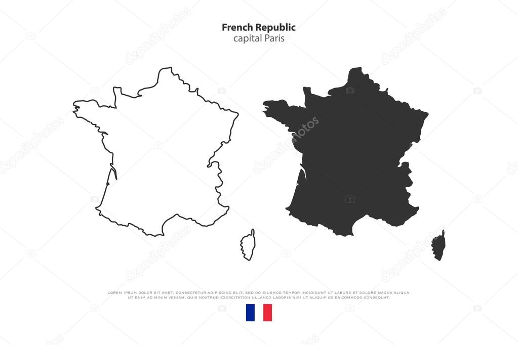 French Republic map outline and official flag icon isolated on white background. vector France political map illustration. European State geographic banner template. Corsica island vector