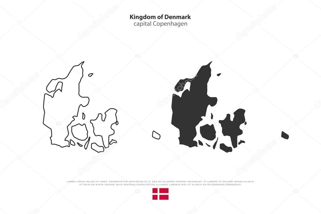 Kingdom of Denmark isolated map and official flag icons. vector Danish political maps symbol. Nordic Country geographic banner template. travel and business concept map