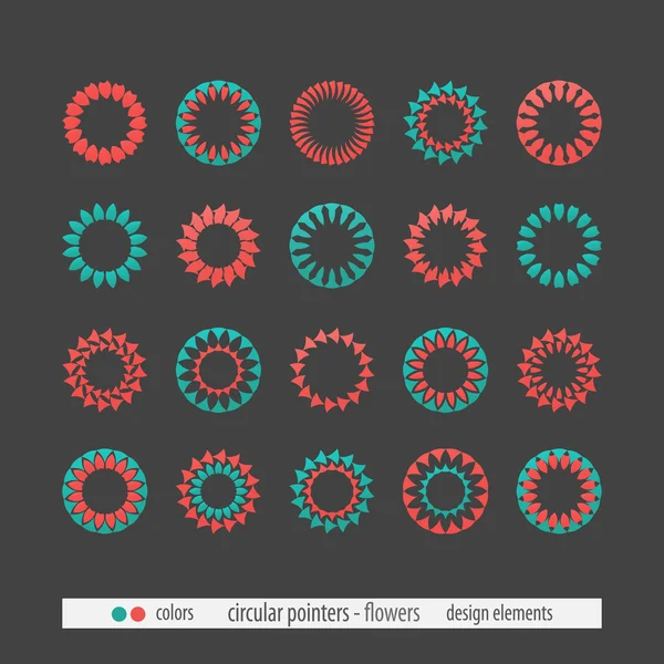 Conjunto de ponteiros circulares, flores e ícones inspirados sol isolado em fundo cinza. elementos de design web vetorial e logotipo — Vetor de Stock