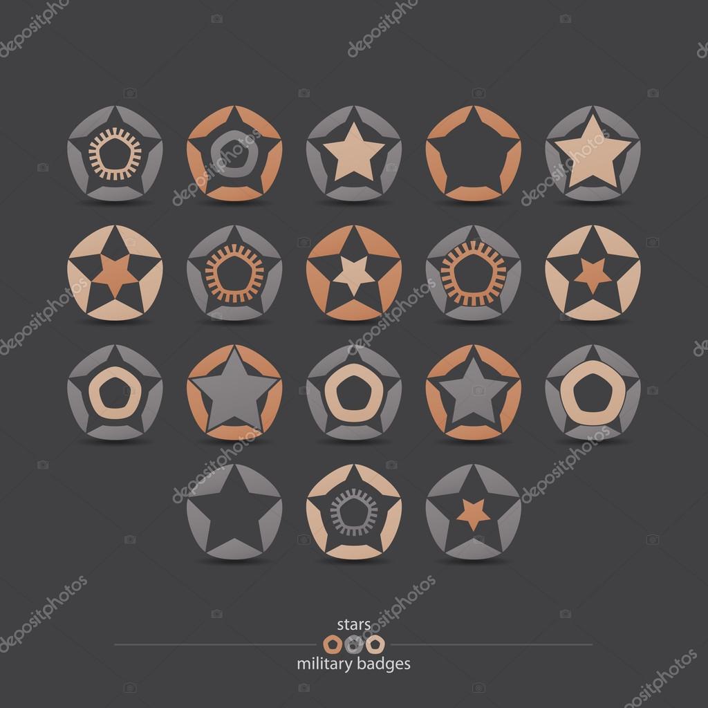 Set of military badges with stars and pentagon frames isolated on gray background. vector logo, emblem design