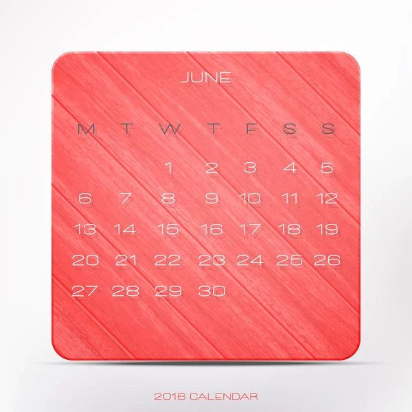 Elegante, 2016 ano calendário sobre moldura de madeira rosa, isolado no fundo branco. vetor junho organizador design — Vetor de Stock