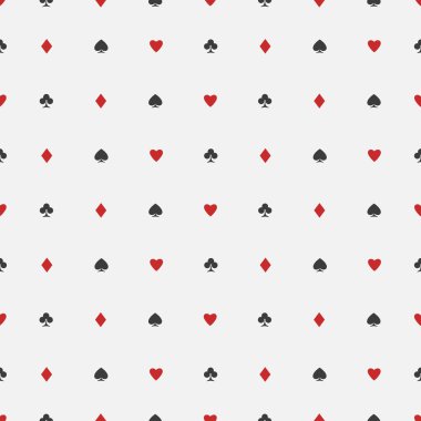 iskambil Dikişsiz desen beyaz zemin üzerinde uygun. vektör arka plan tasarımı. Kupa, maça, karo ve sinek sembolü. Casino ve poker odaları duvar kağıdı