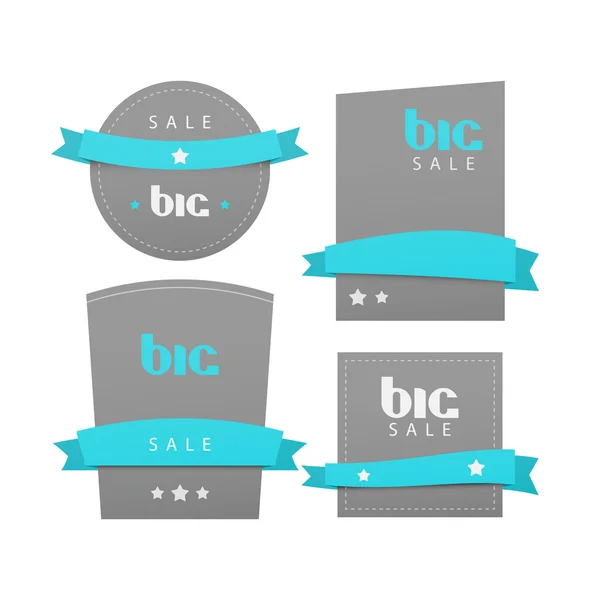 Set von dekorativen, grauen Aufklebern mit blauen Bändern auf weißem Hintergrund. Vektor Vintage Style Abzeichen. Vorlage für große Verkaufsetiketten — Stockvektor