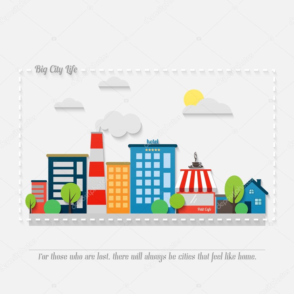 cartoon style cityscape with modern architecture, office buildings, hotel, market, park, coffee house and asphalt road. vector colorful illustration. big city life banner concept