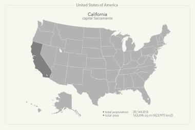 Amerika Birleşik Devletleri harita ve California eyalet bölge izole. ABD siyasi harita vektör. coğrafi afiş şablon