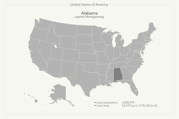 Mapa aislado de los Estados Unidos de América y territorio estatal de Alabama. vector mapa político de EE.UU.. diseño de banner geográfico — Vector de stock