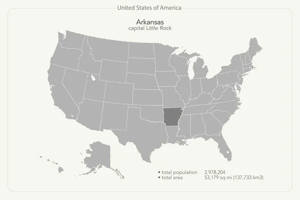 Spojené státy americké, samostatný mapa a území státu Arkansas. vektorové Usa politickou mapu. návrh geografického nápisu — Stockový vektor