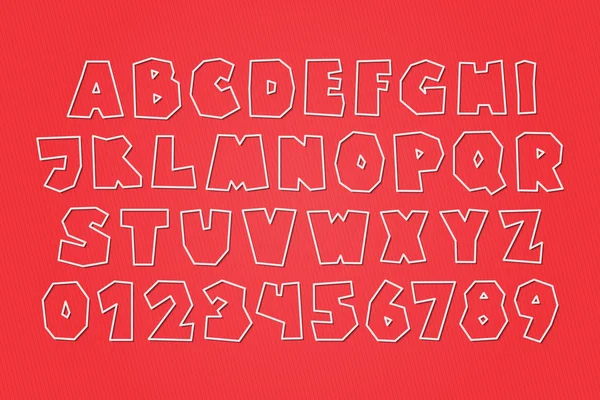 Conjunto de etiquetas de papel blanco, letras de alfabeto con estilo y números aislados sobre fondo rojo. vector, diseño de tipo de fuente de estilo 3d. delgadas etiquetas de línea tipografía iconos — Archivo Imágenes Vectoriales