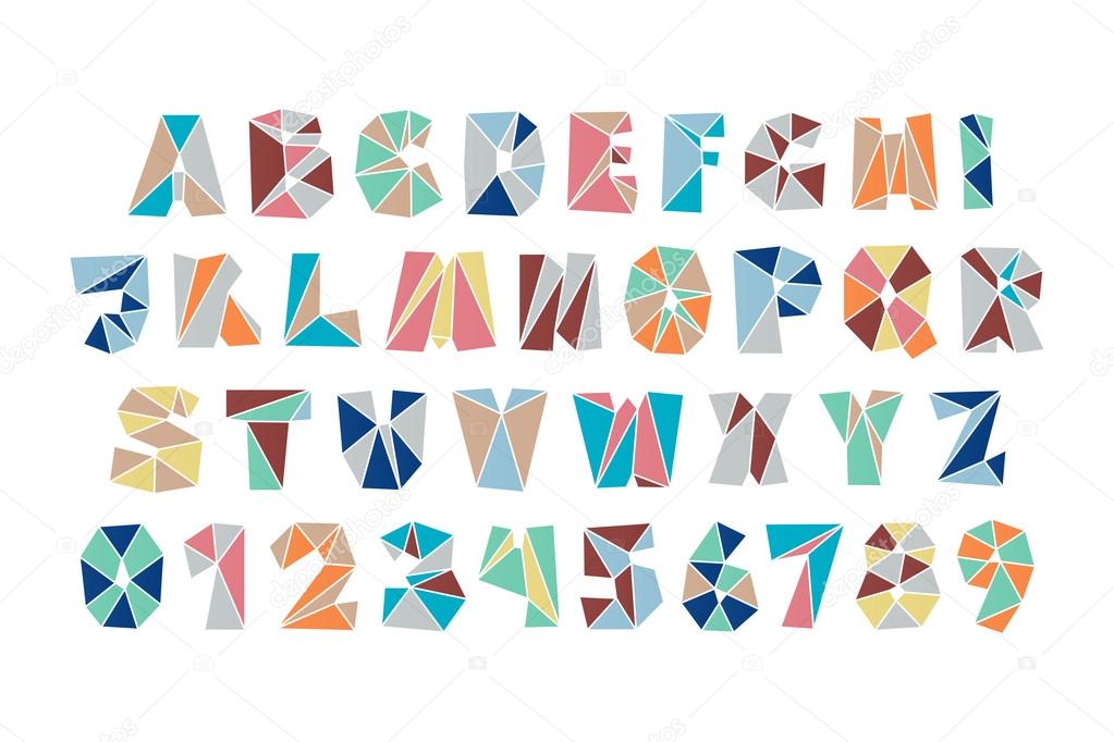 set of isolated fractal style, polygonal alphabet letters and numbers. vector, diamond font type icons. colorful mosaic lettering typeface