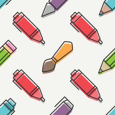seamless pattern with colorful drawing tools ornament over white background. vector graphic design accessories wallpaper. pen, brush, pencil, marker and ink pen icons
