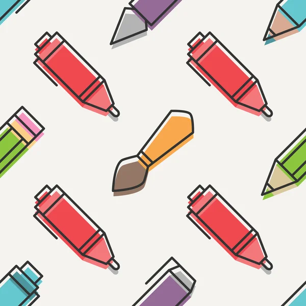 Seamless pattern with colorful drawing tools ornament over white background. vector graphic design accessories wallpaper. pen, brush, pencil, marker and ink pen icons — Stock vektor