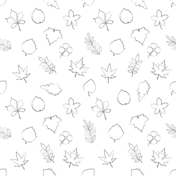 Seamless pattern with thin line leaves ornament over white background. vector decorative wallpaper. cannabis, oak, maple, aspen, chestnut, vine, birch, rowan, linden, hemp leafs backdrop — Stok Vektör