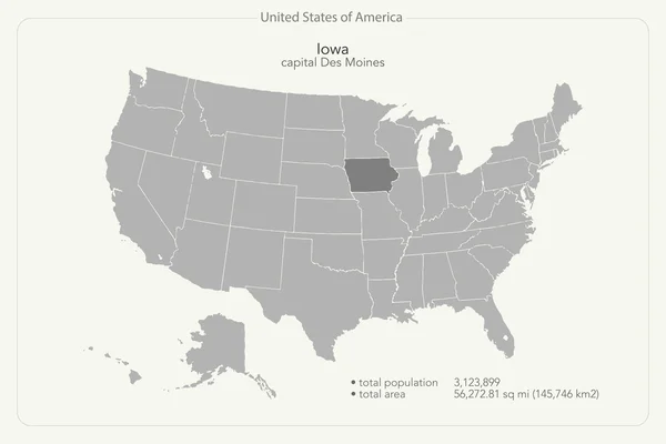 Spojené státy americké, samostatný mapa a území státu Iowa. vektorové Usa politickou mapu. Šablona geografické nápisu — Stockový vektor