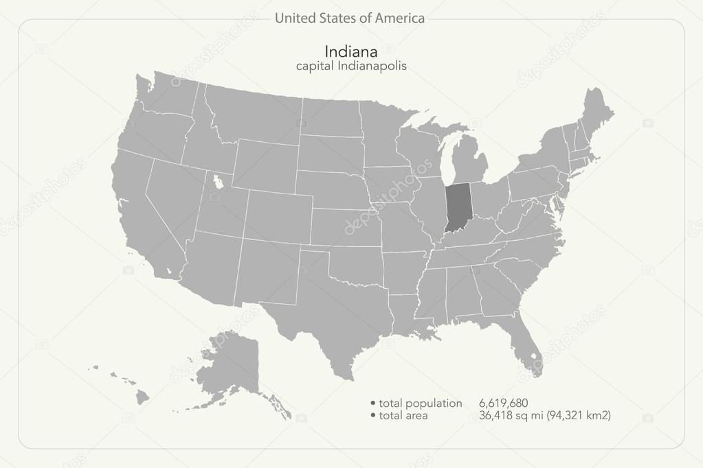United States of America isolated map and Indiana State territory. vector USA political map. geographic banner template