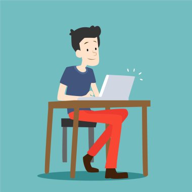 Adam laptop ile çalışıyor. Çalışma sürecinin düz modern illüstrasyon
