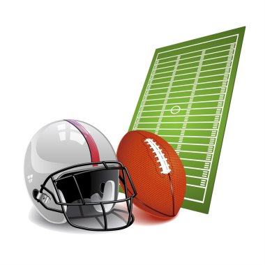 Vector illustration of american football helmet and ball on a field clipart