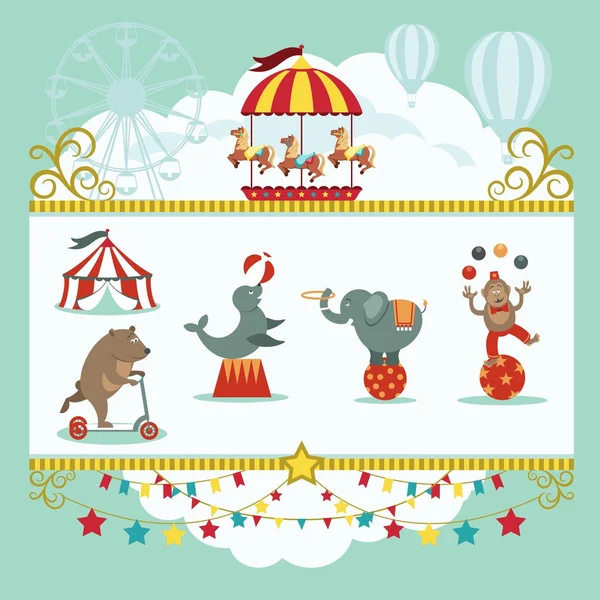 Collection de cirque avec carnaval, fête foraine, icônes vectorielles et fond et illustration — Image vectorielle