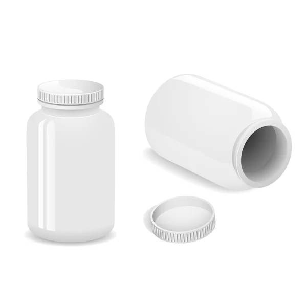 Pillen tabletten en geneesmiddelen in plastic fles pakketten — Stockvector