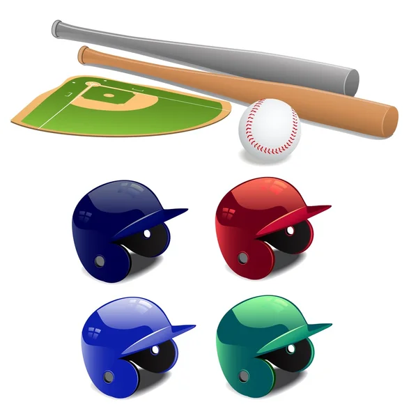 一整套现实棒球设备-头盔、 棒球球棒和棒球。矢量 Eps10 图. — 图库矢量图片