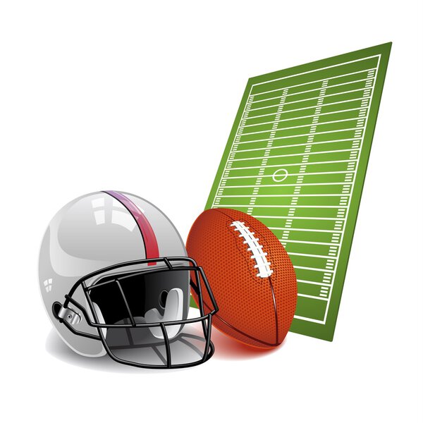 Vector illustration of american football helmet and ball on a field