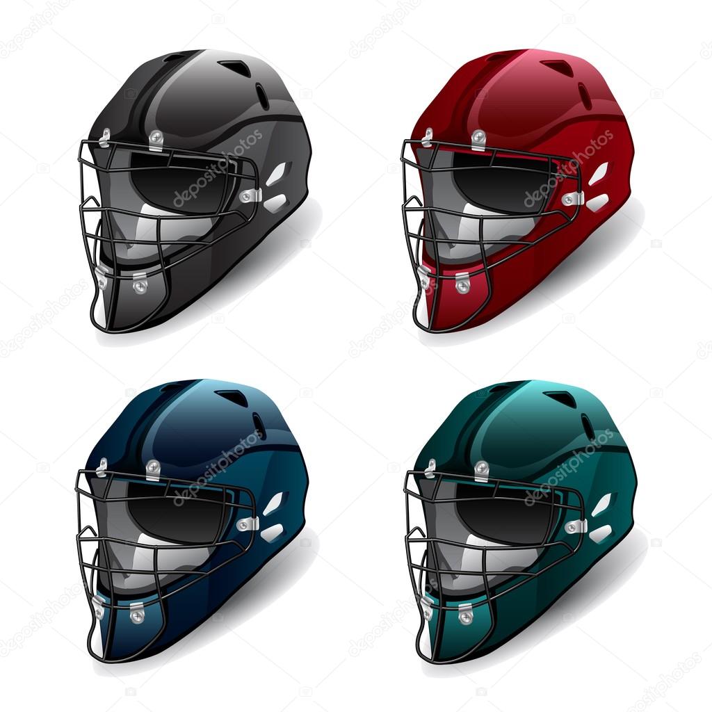 Set of Classic Ice Hockey Helmet of different colors. Sports Vector illustration isolated on white background.