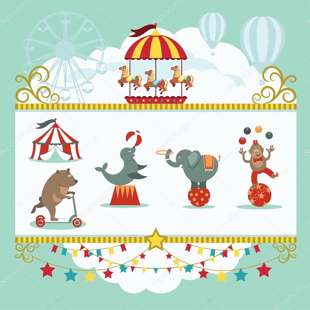 circus collection with carnival, fun fair, vector icons and background and illustration