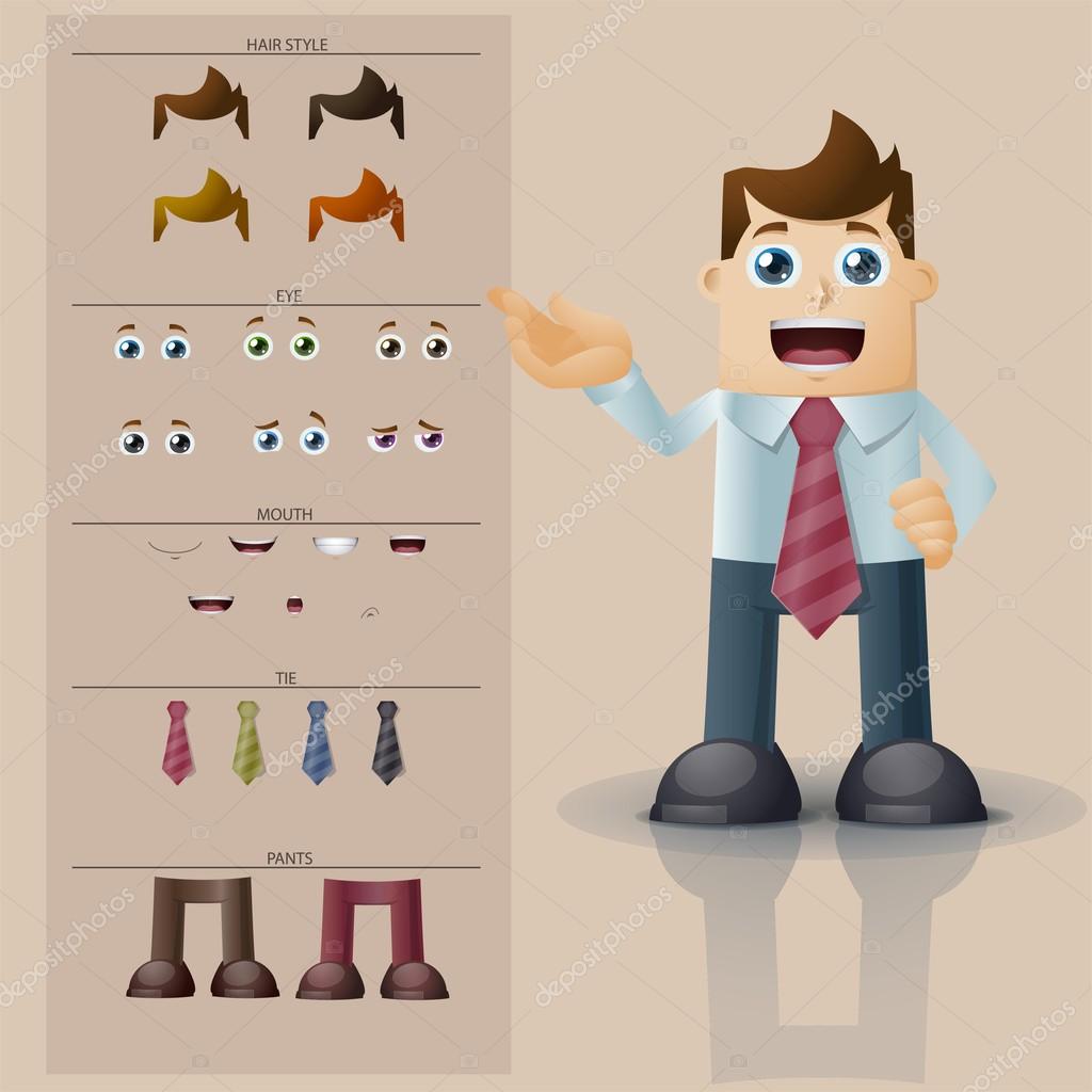 Businessman. Parts of body template for design work and animation. Face and  body elements. Funny cartoon character. Vector illustration. Isolated on  white background. Set Stock Vector Image by ©nael005 #80079160