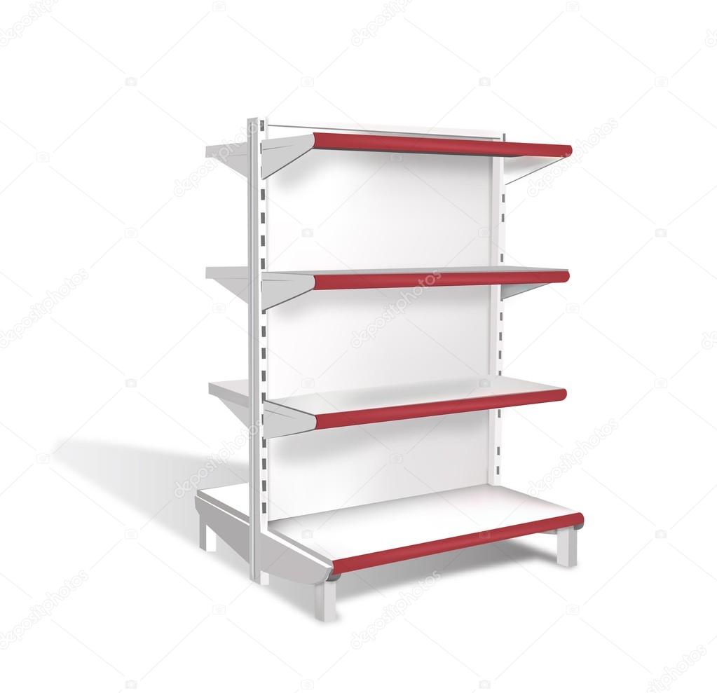 White Long Blank Empty Showcase Displays With Retail Shelves Products On White Background Isolated. Ready For Your Design. Product Packing. Vector EPS10