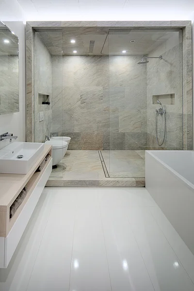 Bathroom in a modern loft style. Sink, toilet, bidet, shower. — Stock Photo, Image