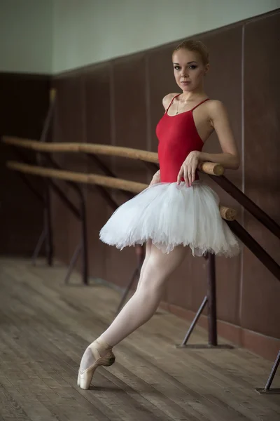 Bailarina de pie cerca de la barra de puntillas, apoyando su codo . —  Fotos de Stock
