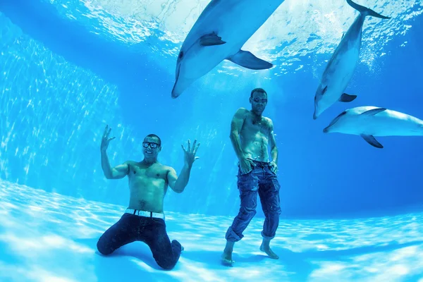 Dois homens e três golfinhos — Fotografia de Stock