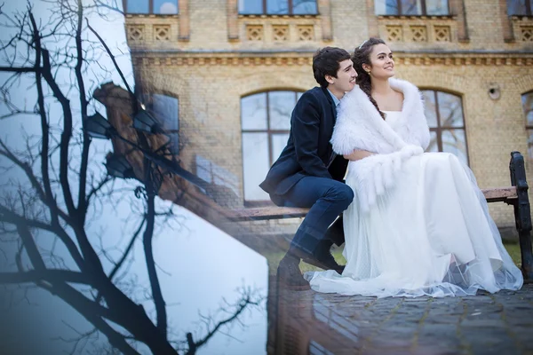 Bir bankta oturan kucaklayan Düğün çifti — Stok fotoğraf