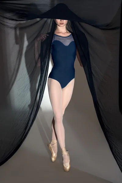 Portrait of the young dancer with a nice black veil cloth — Stock Photo, Image