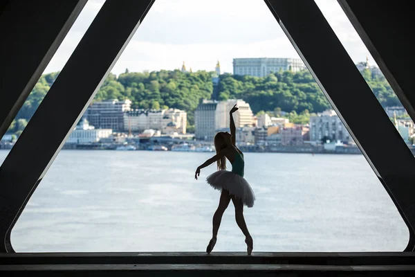 优雅的芭蕾舞女演员在白色短裙的剪影 — 图库照片
