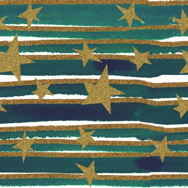 Μοτίβο με αστέρια σε φόντο ακουαρέλα πράσινο ρίγες με χρυσή υφή — Φωτογραφία Αρχείου